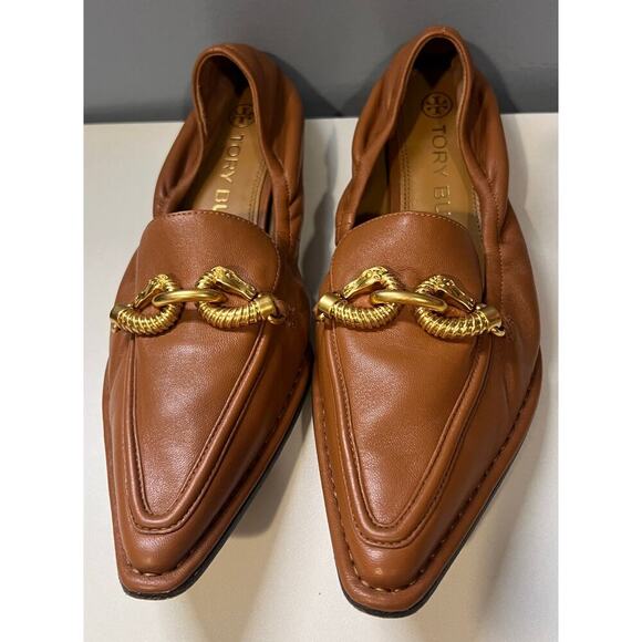 Tory Burch Brown Loafer Heels with Gold Accent - Picture 1 of 11